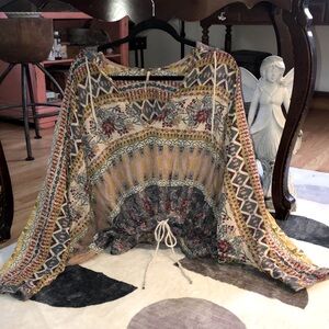 Free People Women's Gold and Blue, Oversized Hooded Cropped Blouse